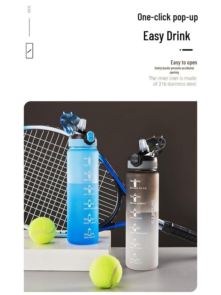 Fashionable Large-Capacity Water Bottle with Lanyard – Gradient Frosted Design for Men, Women, and Students 1L Outdoor Sports Bottle
