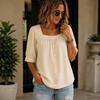 Women's Square Neck Sleeve Blouse Loose Fit Pleated Cotton Linen Casual Top for Summer