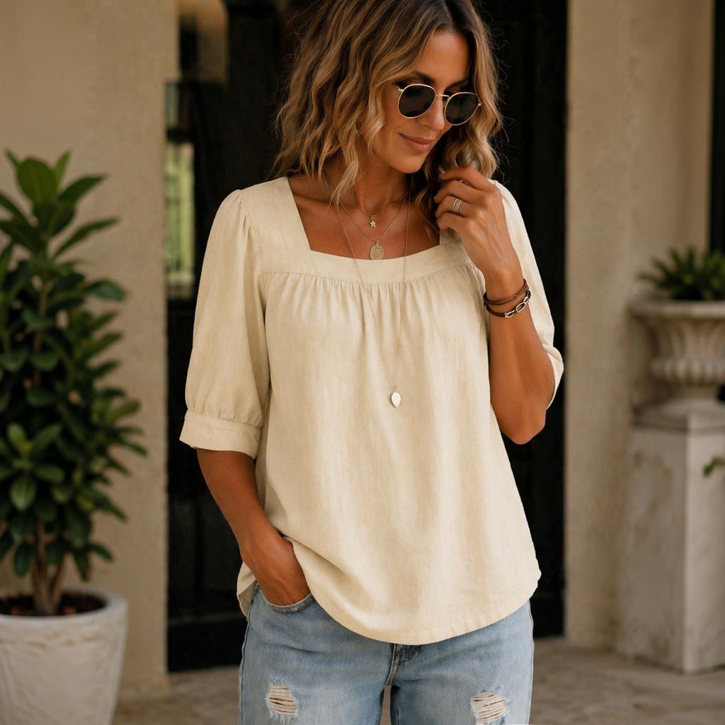 Women's Square Neck Sleeve Blouse Loose Fit Pleated Cotton Linen Casual Top for Summer