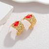 18K Gold Red Enamel Heart C-Shaped Earrings: Irregular Pleated Design, Chic and Fashionable Jewelry for Women