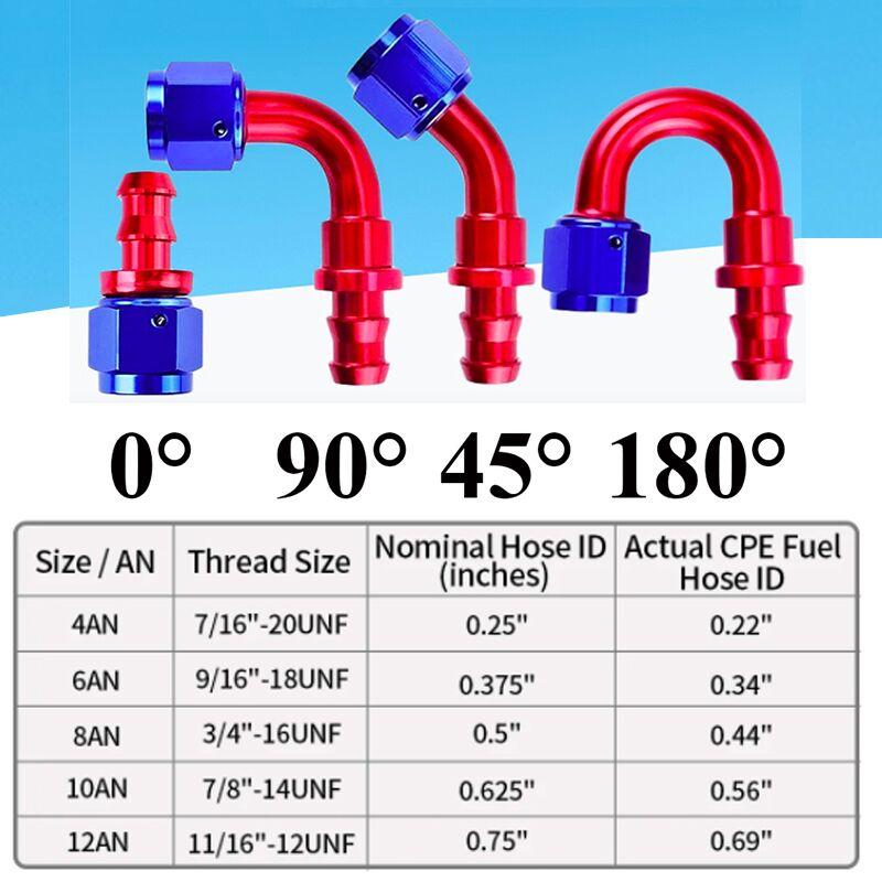 8Pcs AN4 AN6 AN8 AN10 AN12 Push-on Hose End Fittings Fuel Oil Cooler Hose Fitting 0 45 90 180 Degree Reusable Connection Adapter