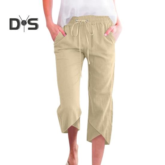 Damen Cropped-Hose, elastischer Kordelzug in der Taille, lässiges Design mit lockerem Bein, Freizeithose, einfarbig, lockere Passform, Hose mit mittlerer Wade
