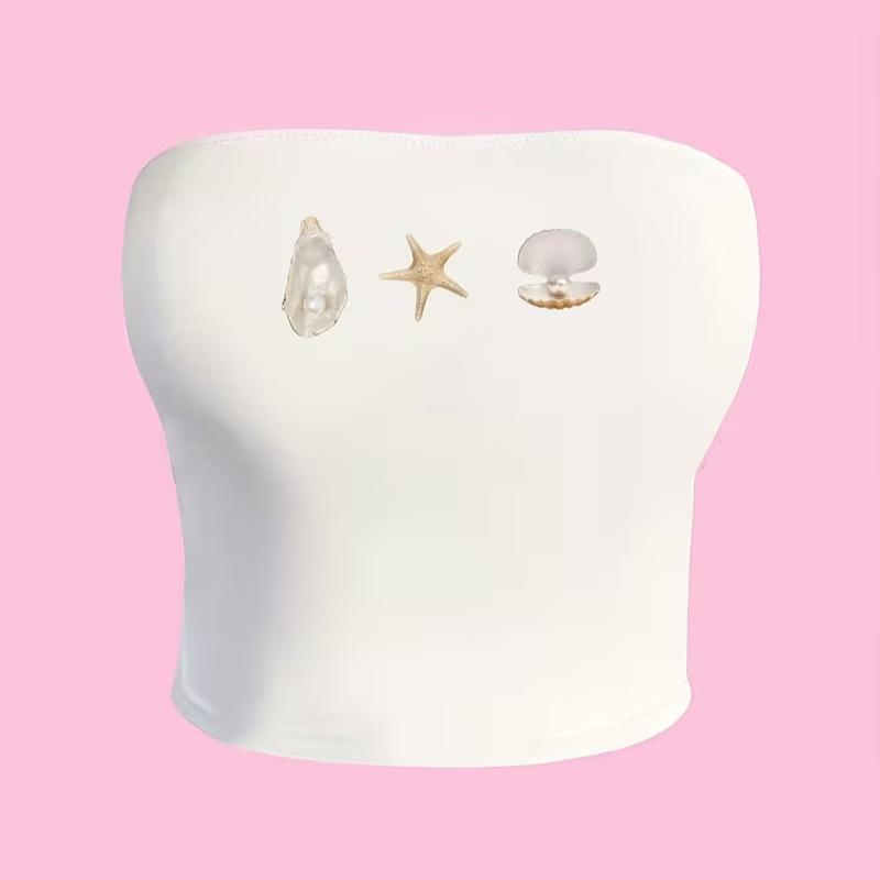 European and American Spring/Summer Strapless Top with Starfish and Pearl Print S белый