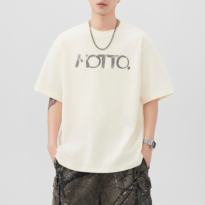 Summer Heavy 300g Printed Pure Cotton Sleeve T-shirt for Men s Country Loose Japanese Casual M