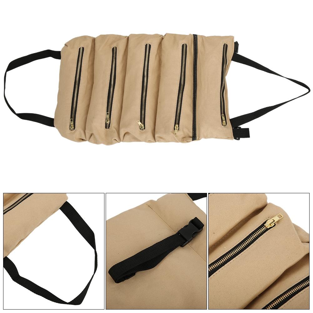 Multifunction Portable Canvas Tool Roll Up Bag Outdoor Fishing Garden Storage PouchKhaki