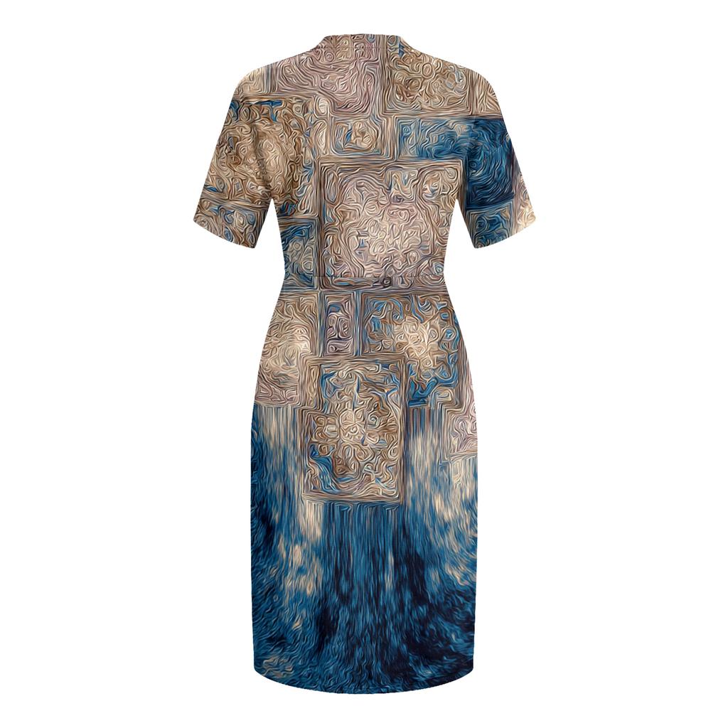 Letní nadměrné velikosti V výstřih krátký rukáv ke kolenům kapsa potisk ležérní šaty pro ženy