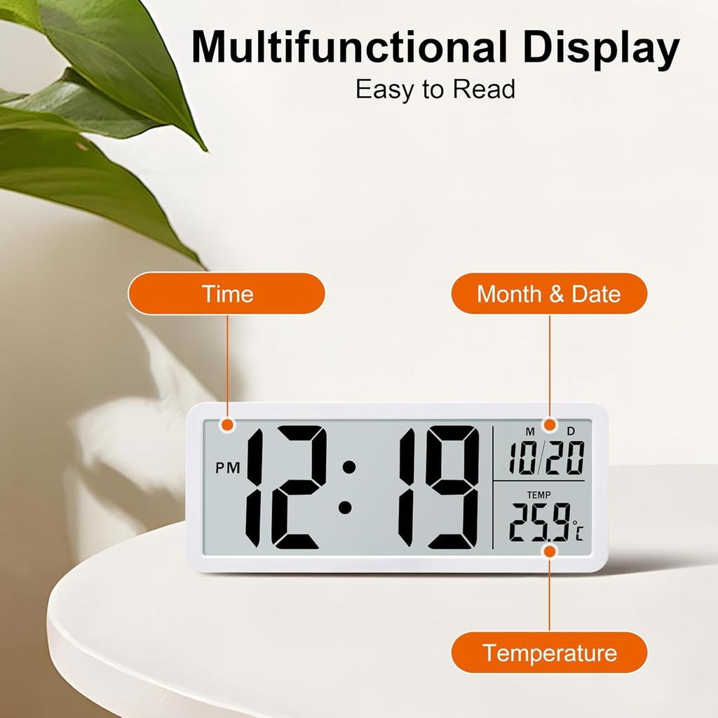 8 Inch Large LCD Digital Clock Time Date Temperature Display Dual Power Wall/Desktop Simple Electronic Clock for Home Office