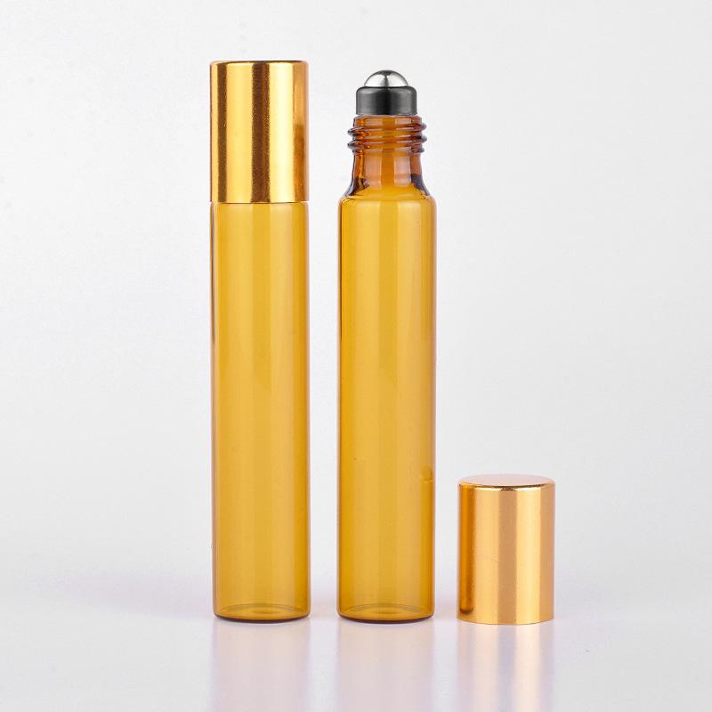 15Pcs/pack 10ml Amber Glass Roll On Bottle for Essential Oil Vials with Roller Metal Ball Refillable Bottles Containers