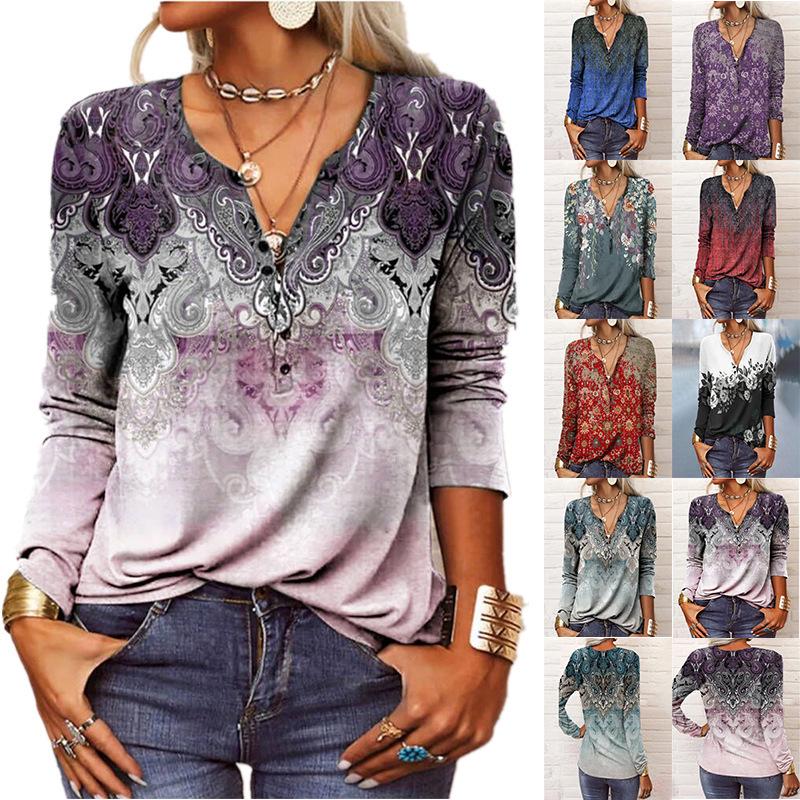 

2023 Autumn/Winter Women s Ethnic Long-Sleeve Printed T-Shirt L