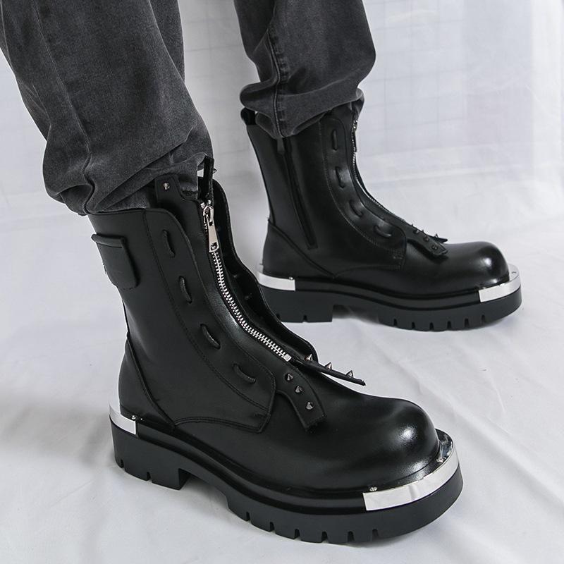 Herbstliche High-Top Lederstiefel - Dicksohlige Reißverschluss-Stiefeletten für Herren im britischen Stil, höhenerhöhende Freizeit- und formelle Kleidung.