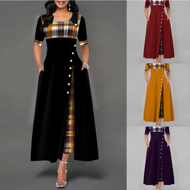 2026 Summer Women's Short-sleeved Round-neck Large Swing Dress Commuter Long Dress, Color Block Three-Quarter Sleeve Irregular Plaid Maxi Dress