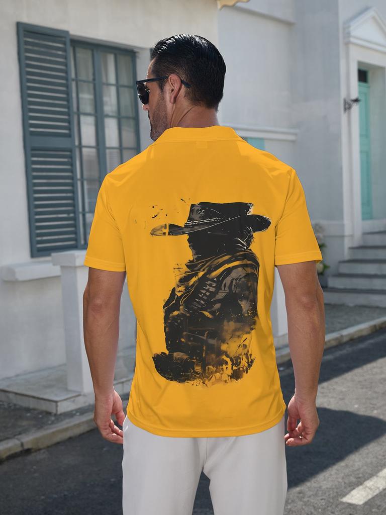 Men'S Short Sleeve Polo Shirt, Flat Digital Print Pattern – No Texture – Lonely Cowboy Back View Black Line Bold Style Printing, Fashionable And Easy