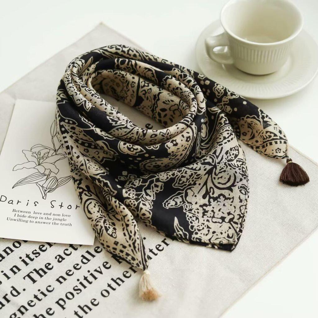 Women's Retro Navy Blue Floral Silk Wool Tassel Scarf - Versatile and Decorative 2025