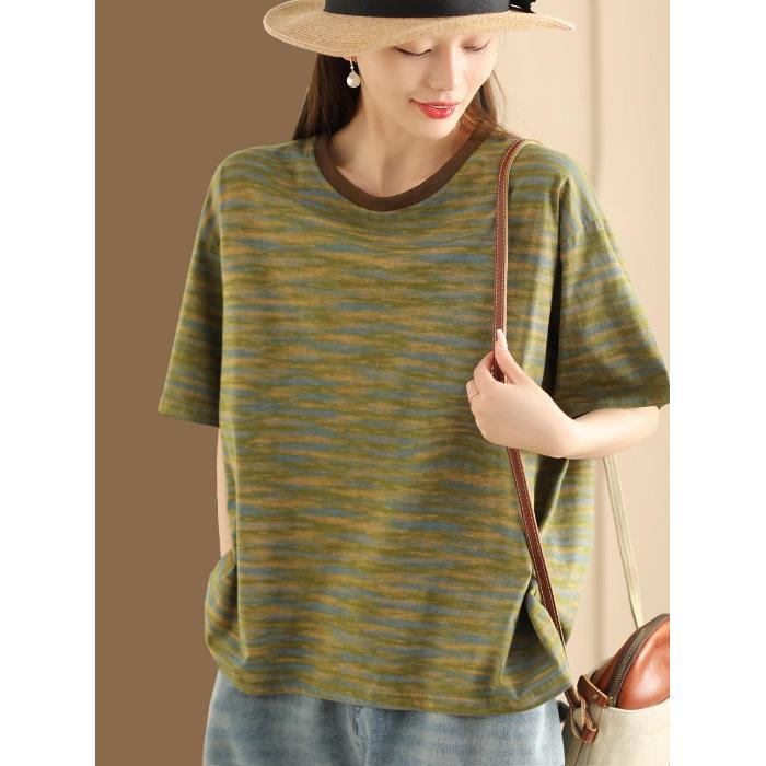 New Style of Literary Retro Women's Short-sleeved T-shirt In Summer Loose Pullover Striped Versatile Casual Belly Covering Top