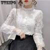 Spitzenunterteil Hemd Oberbekleidung Damen Frühling und Herbst Gepolstert Mode Spitze Strickjacke Französisches Revers Langarm Top