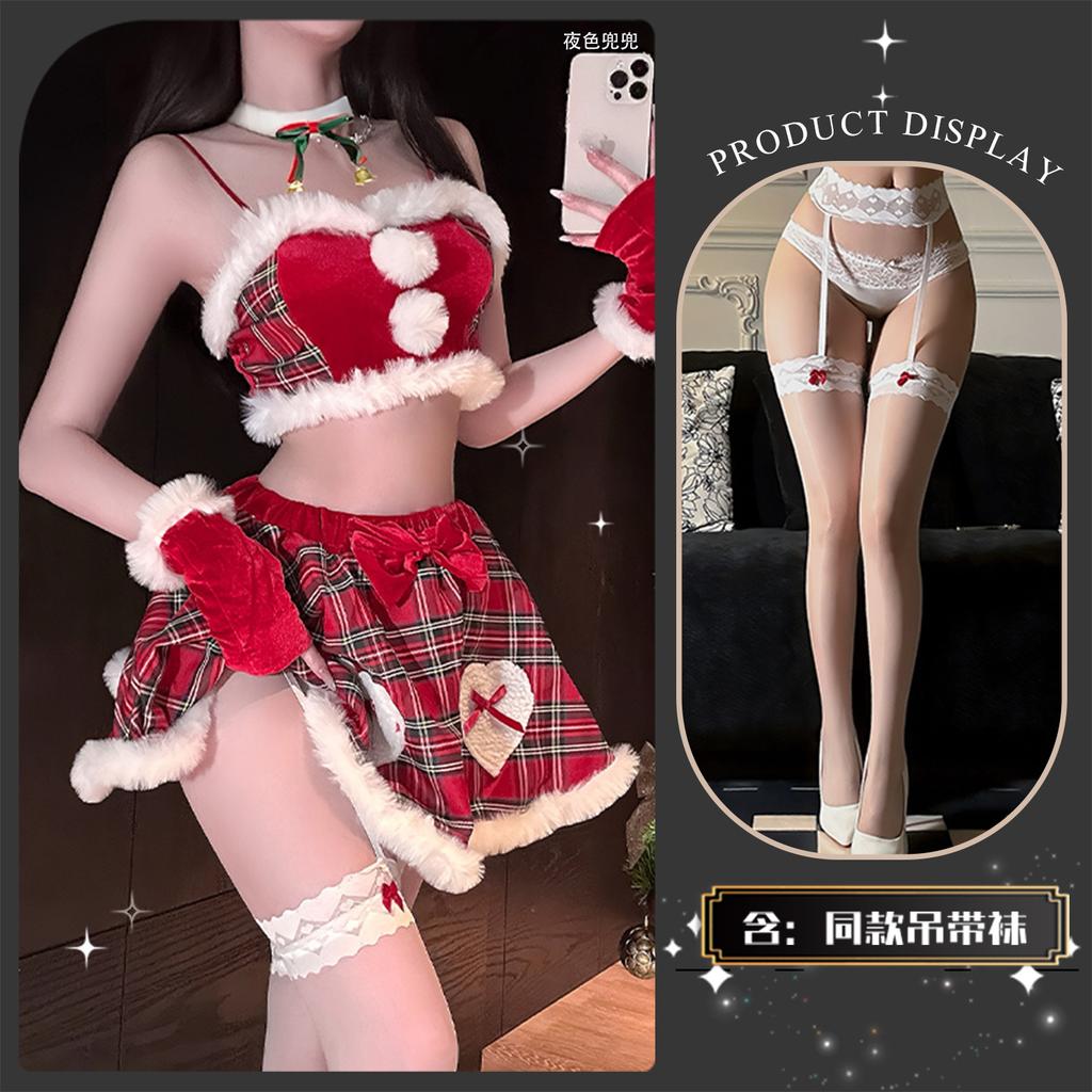 Erotic Lingerie, Pure Desire, Elk Christmas Dress, Fluffy Lace Plaid Skirt, Splicing, Embellishment, Slim Bandeau Skirt