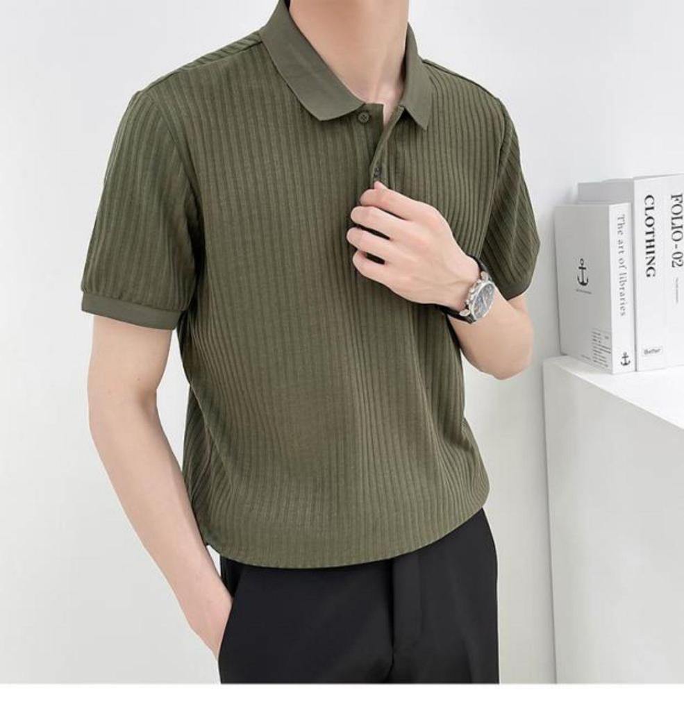 Men's Casual Retro Striped Polo Shirt: Short-Sleeved, Solid Color, Versatile Knitted Lapel T-Shirt