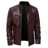 Mens PU Leather Biker Jacket With Zippered Pockets Stand Collar Casual Winter Outerwear
