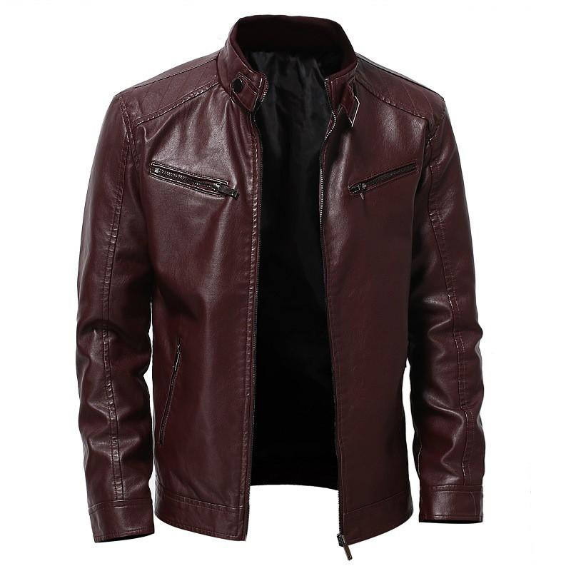 Mens PU Leather Biker Jacket With Zippered Pockets Stand Collar Casual Winter Outerwear