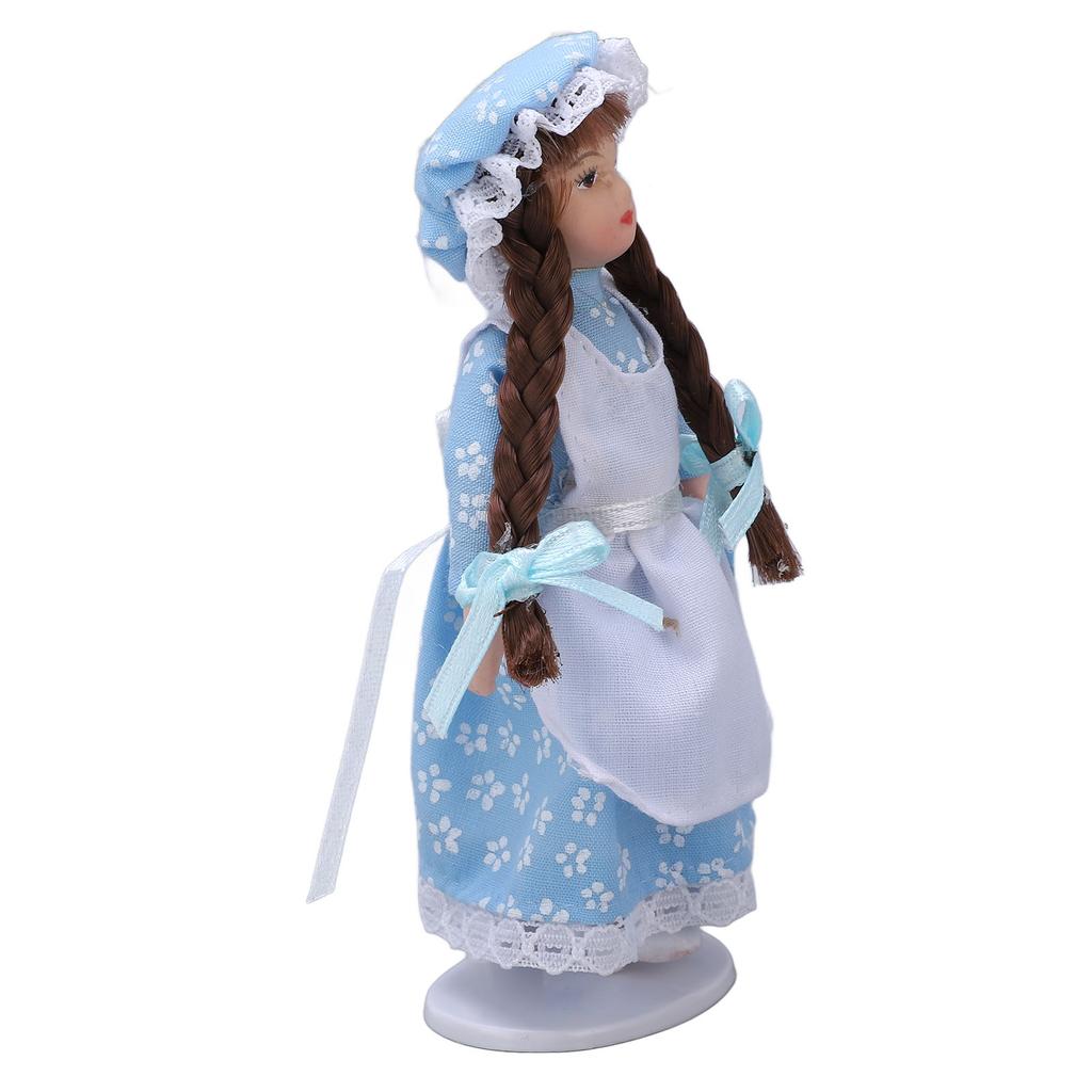1:12 Dollhouse Ceramic Girl Figures Bendable Joints Girl Doll in Blue with Hood and Braids for Over
