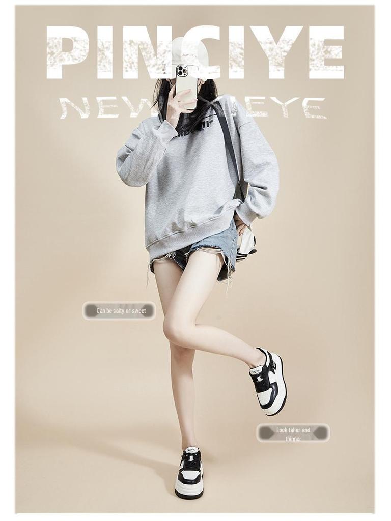 2024 Women's White Genuine Leather Height-Increasing Round Toe Casual Sneakers