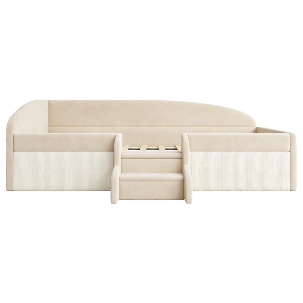 Cama Estofada Cama Infantil 90*190cm, Cama Multifuncional, Com Degraus e Grades de Proteção, Tecido de Veludo Amigo da Pele, sem Colchão Bege