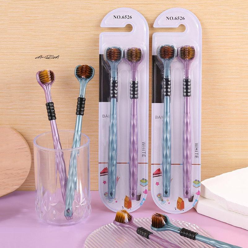 2Pcs 3D Stereo Toothbrush Set Ultra Fine Soft Bristles Adult Oral Care 360° Cleaning Tongue Scraper Three-Sided Design