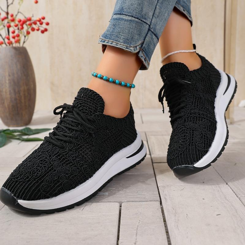 Fashion 2025 New Casual Breathable Mesh Shoes Women Summer Lace Up Soft Sole Medium Heel Sneaker Fashion Lace Hollow Out Running Shoes