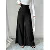 New Women's High Waist Black Straight Wide Leg Pants, Polyester Blend Patchwork Lightweight Trousers for Office & Street Fashion