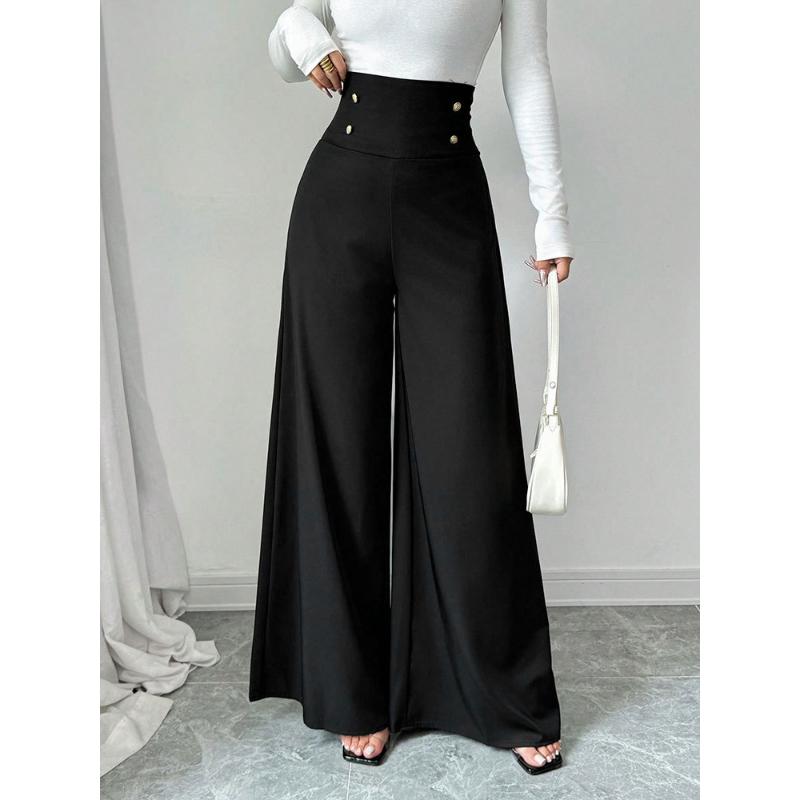 New Women's High Waist Black Straight Wide Leg Pants, Polyester Blend Patchwork Lightweight Trousers for Office & Street Fashion