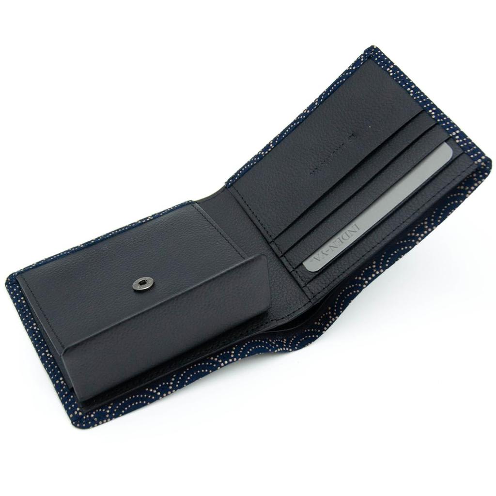 Inden Wallet Coin Purse Deerskin Traditional Craft Made in Japan Navy Blue with White Lacquer Seigaiha [Indenya] Bi-fold Men's No.2006 ([14-004]