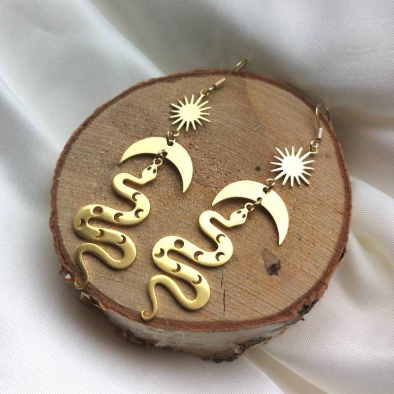 Celestial Sun Moon Brass Earrings with Snake Charm