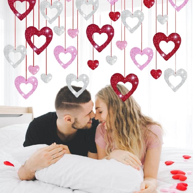 36Pieces Sequins Heart Hanging Ornament Valentines Day Hanging Decoration For Wedding Parties And Event Decoration