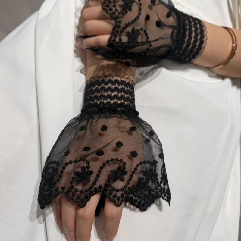 Sheer Embroidered Fingerless Wrist Cuffs Pair for Women, Lace Sleeves with Flared Cuff for Weddings and Photo Styling Use