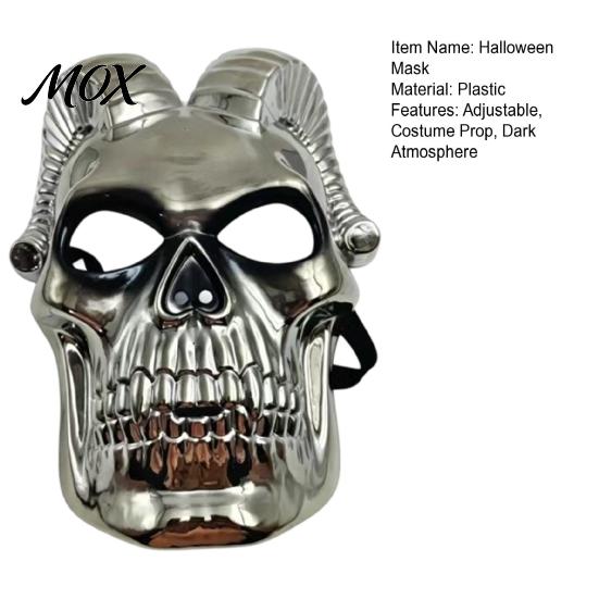 Full Face Demon Mask Halloween Skull Mask, Silver Ram Horn for Party, Scary Headgear, Glossy Metallic Cosplay Prop Electroplated
