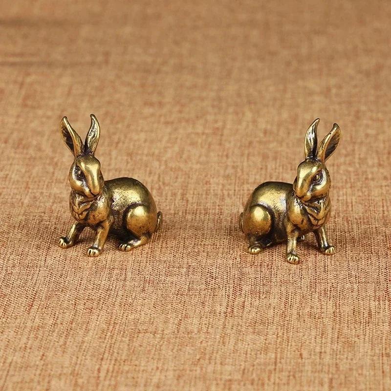 1 Pair Antique Copper Zodiac Lucky Rabbit Statue Ornaments Vintage Solid Brass Animal Miniature Figurine Tea Pet Desk Decoration