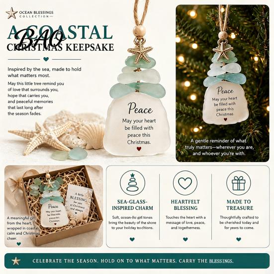 Handmade Christmas Ornament Sea Glass Tree Ornament, Seaglass Art Hanging Decor with Starfish Charm, Coastal Theme Decoration Peace Love Joy