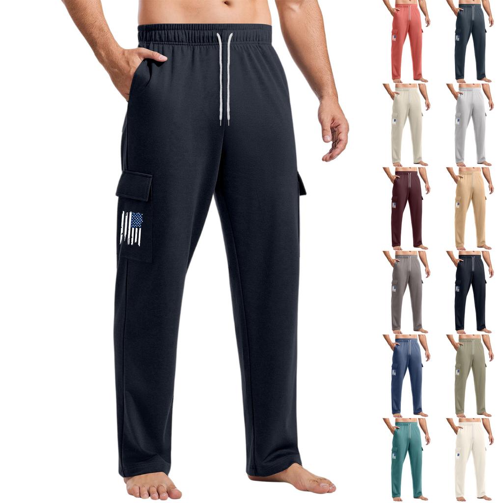 Men's Loose Casual Multi-pocket Work Pants, Youth Stretch Waist Drawstring Pants