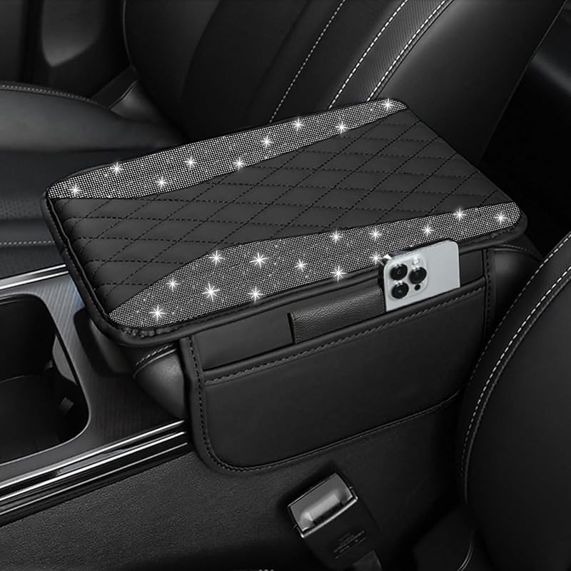 NBTEPEM Bling Car Center Console Cover, Leather Middle Console Cover With 2 Storage Bags, Universal Arm Rest Cover Protector, Bling Car Accessories