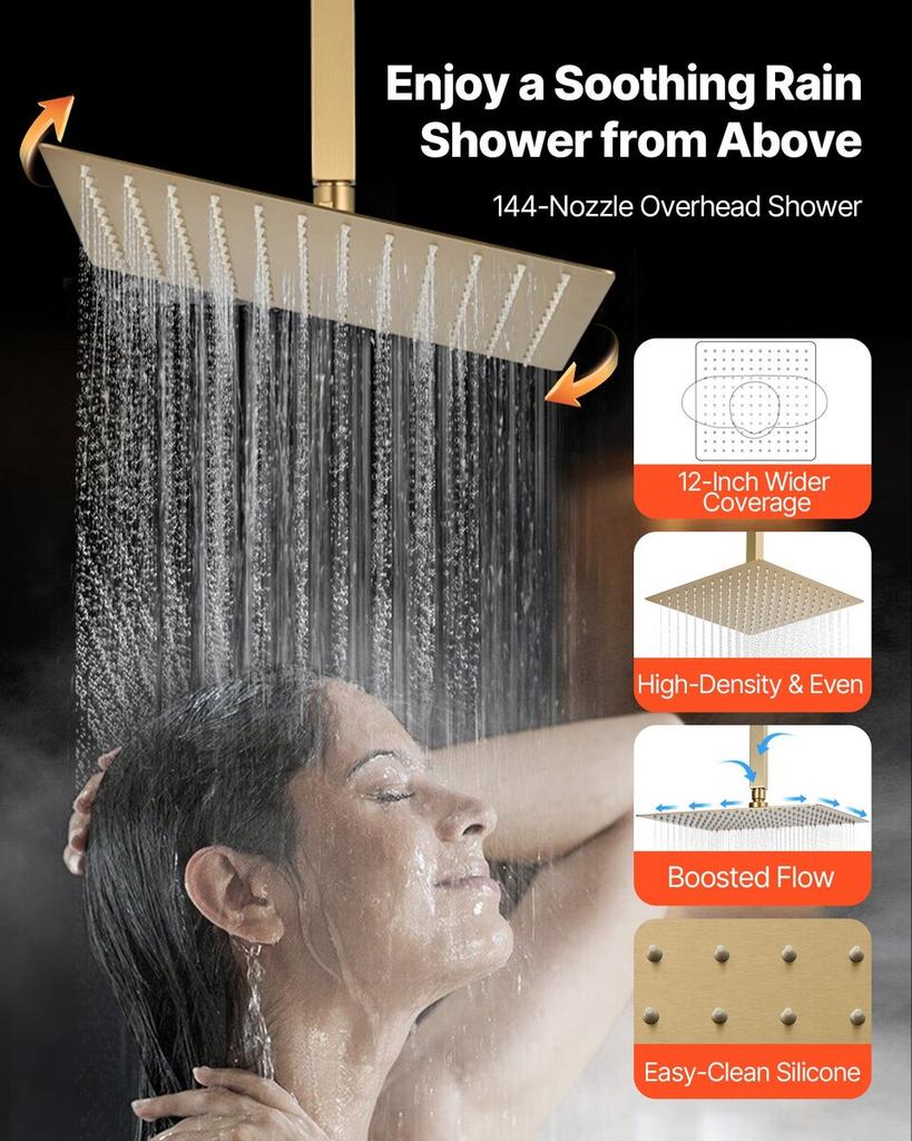 Shower Faucet Set, 305 Mm Thermostatic Ceiling Mount Rainfall Shower System with 152 Mm Wall Mount Head and 2 In 1 Handheld Spray, 3-Function Dual