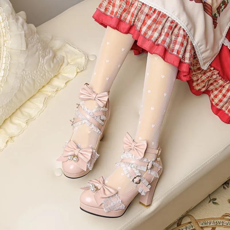 Lolita Shoes Japanese Pearl Bow JK Sweet Cute Strap Super High Heel Round Head Student Kawaii Tea Party
