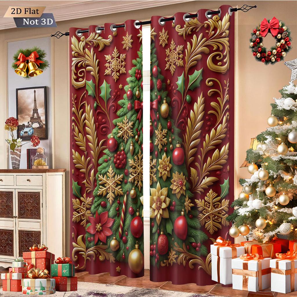 2pcs red Christmas tree print blackout curtains insulation multiple sizes for living room holiday decoration   machine washable