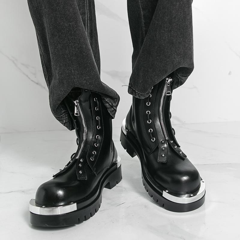 Men Motorcycle Black Thick Sole Height Increase High Boots Street Style Cool Elevator Punk Boots Large Size