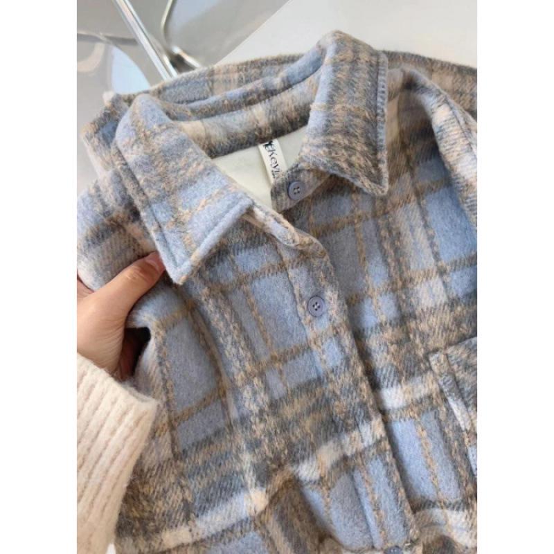 

Women s Burgundy Retro Plaid Shirt Jacket - Autumn/Winter Mid-Length, Loose Fit Small синий