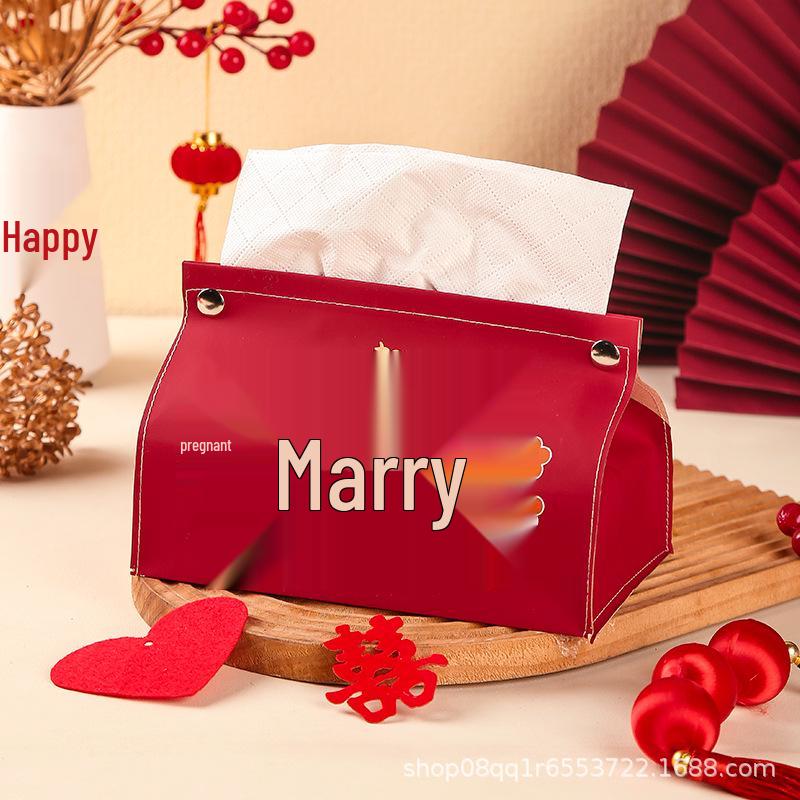 Festive Red Tissue Box for Newlyweds - Chinese Style Wedding Room Decor, Round Xi Ornament
