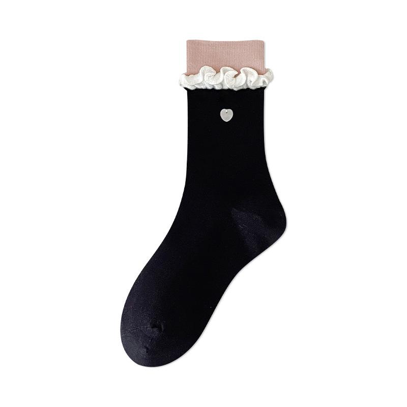 Boneless Female Spring and Autumn Socks, Black Ear Trim, Heart-shaped Buttons, Shell Sweet Middle Tube