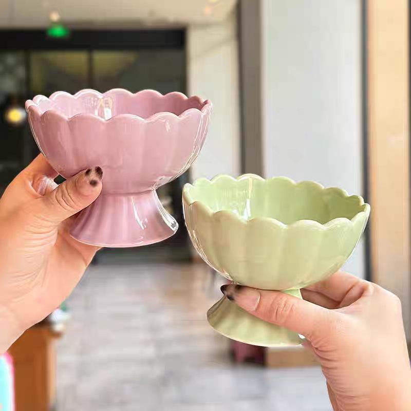 Ceramic Scalloped High Foot Bowl, Ice Cream Dessert Cup for Restaurant Hotel, Bird‘s Nest Sweet Soup Bowl