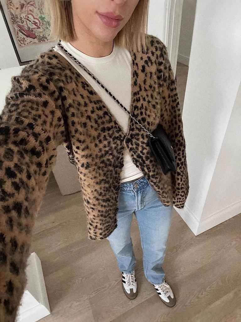 New Trendy Vintage Leopard Print V-Neck Knit Cardigan for Women, Soft and Fuzzy with Drawstring