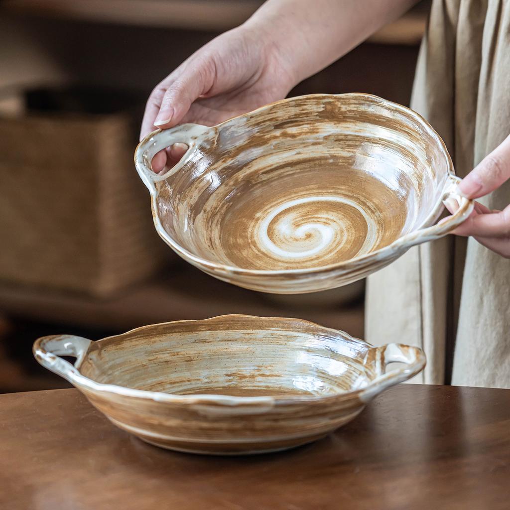 Binaural Bowl Coarse Pottery Household Fruit Bowl Salad Bowl Retro Tableware High-End Niche Dish Bowl Dessert Bowl