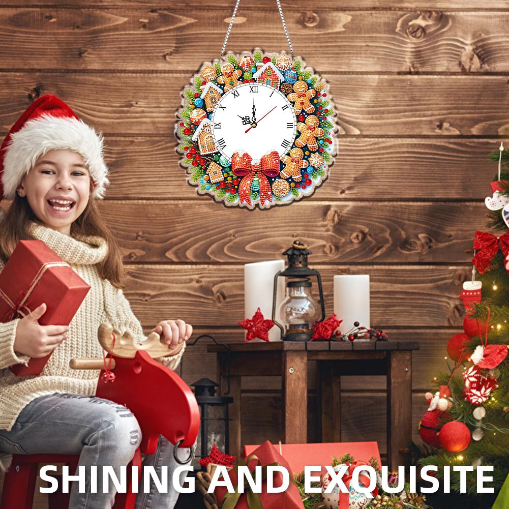 2D/Flat DIY Christmas Acrylic Diamond Painting Ornament with Clock Function Diamond Painting Clock Pendant for Home Decoration